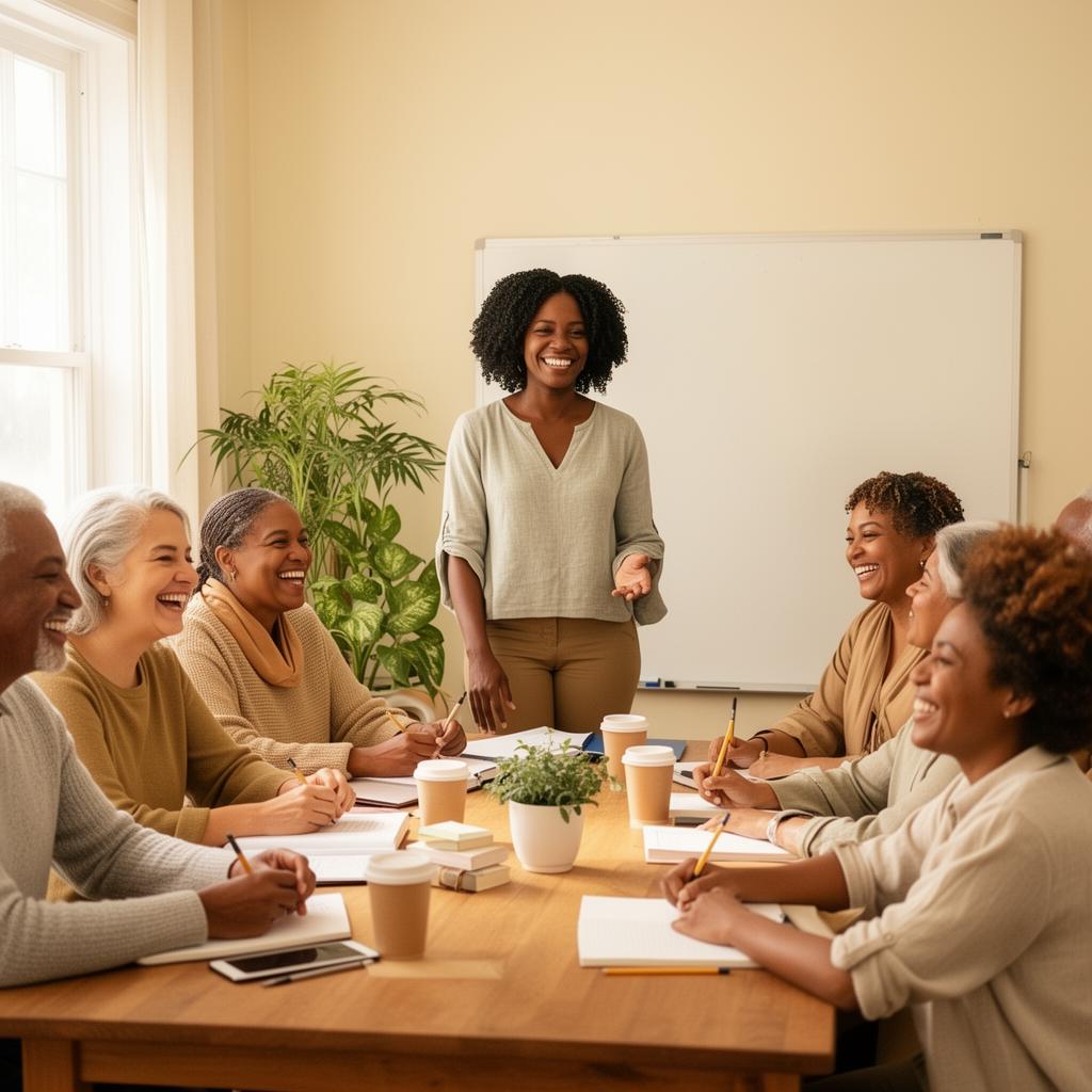 Workshop attendees laughing during a financial education session